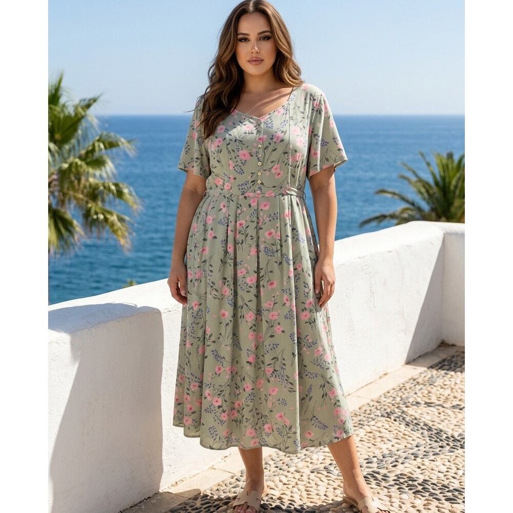 Erika Short Sleeve Floral Midi Dress Womens 2X Church Modest Cottagecore Fairy - Picture 8 of 14